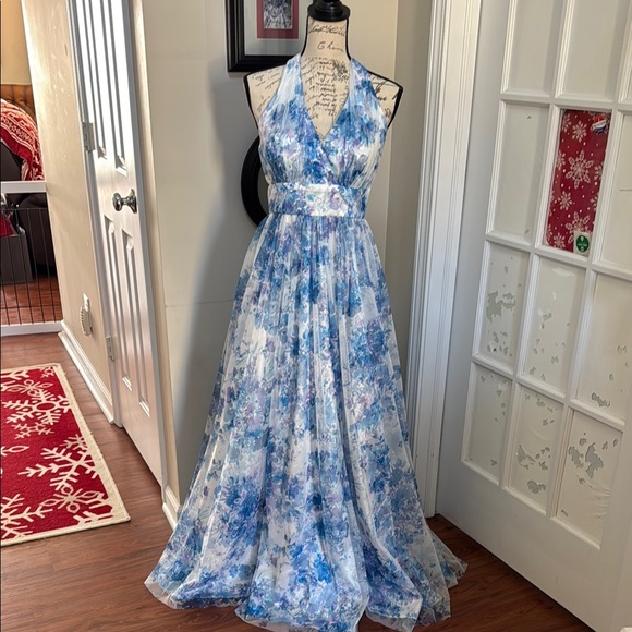 Dresses & Skirts - Elegant Blue Floral Halter Dress - Summer Weddings, Special Occasion